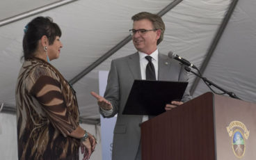 SB Works - Goodwill CEO and President Patrick McClenahan presents San Manuel Band of Mission Indians Chairwoman with a plaque to commemorate the Tribe’s $3.4M grant