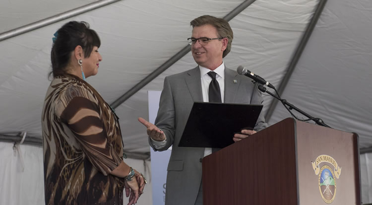 SB Works - Goodwill CEO and President Patrick McClenahan presents San Manuel Band of Mission Indians Chairwoman with a plaque to commemorate the Tribe’s $3.4M grant